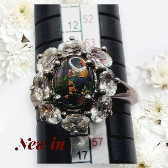 NWOT Sterling Silver Black Fire Opal Ring With Cluster Topaz Jewelry Gift - Picture 12 of 14
